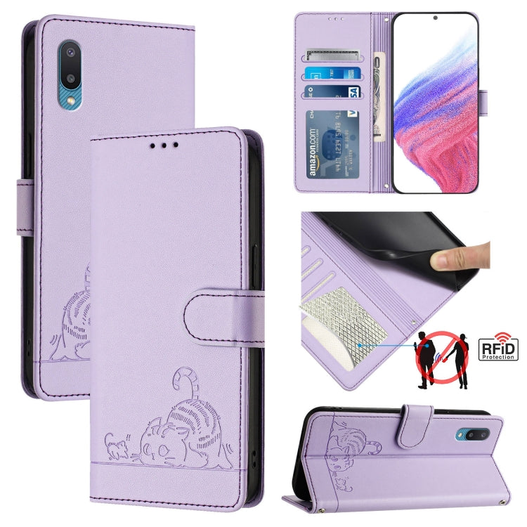 Custodia per telefono in pelle RFID con motivo gatto in rilievo con cordino, For Samsung Galaxy M62, For Samsung Galaxy A32 4G, For Samsung Galaxy A02/M02, For Samsung Galaxy A72 4G