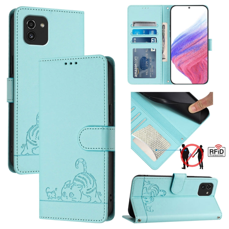 Custodia per telefono in pelle RFID con motivo gatto in rilievo con cordino, For Samsung Galaxy A03 164mm, For Samsung Galaxy A03 166mm, For Samsung Galaxy M52 5G, For Samsung Galaxy M32 4G Global/M22