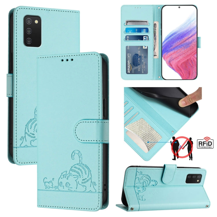 Custodia per telefono in pelle RFID con motivo gatto in rilievo con cordino, For Samsung Galaxy A32 5G/M32 5G, For Samsung Galaxy A52 4G/5G/A52s 5G, For Samsung Galaxy A03s 164mm, For Samsung Galaxy A03s 166mm