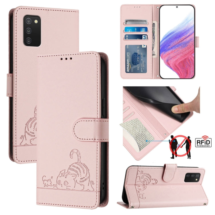 Custodia per telefono in pelle RFID con motivo gatto in rilievo con cordino, For Samsung Galaxy A32 5G/M32 5G, For Samsung Galaxy A52 4G/5G/A52s 5G, For Samsung Galaxy A03s 164mm, For Samsung Galaxy A03s 166mm
