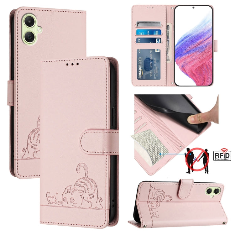 Custodia pelle RFID con motivo gatto per Samsung Galaxy A55 5G