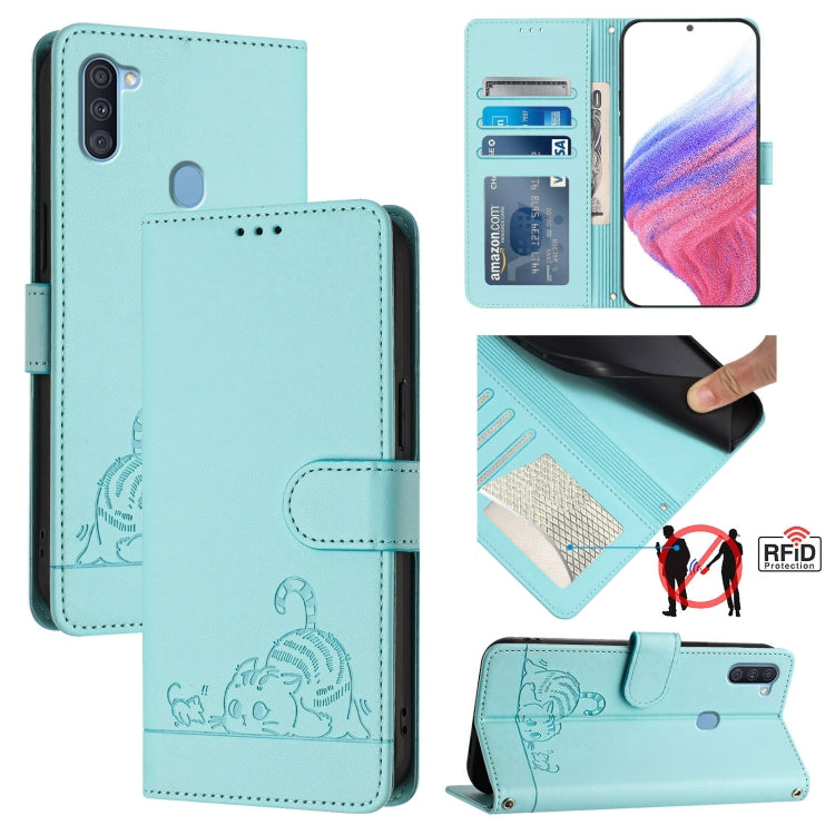Custodia per telefono in pelle RFID con motivo gatto in rilievo con cordino, For Samsung Galaxy A11 EU Version, For Samsung Galaxy A21 EU Version, For Samsung Galaxy A01 EU Version, For Samsung Galaxy A91/M80s/S10 Lite