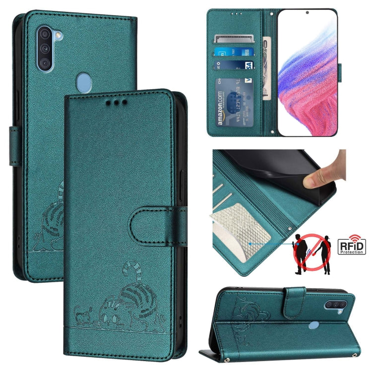 Custodia per telefono in pelle RFID con motivo gatto in rilievo con cordino, For Samsung Galaxy A11 EU Version, For Samsung Galaxy A21 EU Version, For Samsung Galaxy A01 EU Version, For Samsung Galaxy A91/M80s/S10 Lite