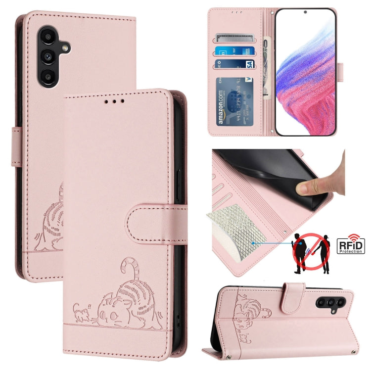 Custodia per telefono in pelle RFID con motivo gatto in rilievo con cordino, For Samsung Galaxy A13 5G/A13 4G/A04s, For Samsung Galaxy F23 5G/M13 4G, For Samsung Galaxy A22 5G/F42 5G, For Samsung Galaxy M53 5G