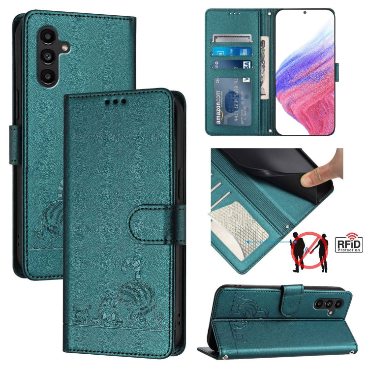 Custodia per telefono in pelle RFID con motivo gatto in rilievo con cordino, For Samsung Galaxy A14 5G/4G, For Samsung Galaxy A34 5G, For Samsung Galaxy A54 5G, For Samsung Galaxy A04 4G/M13 5G