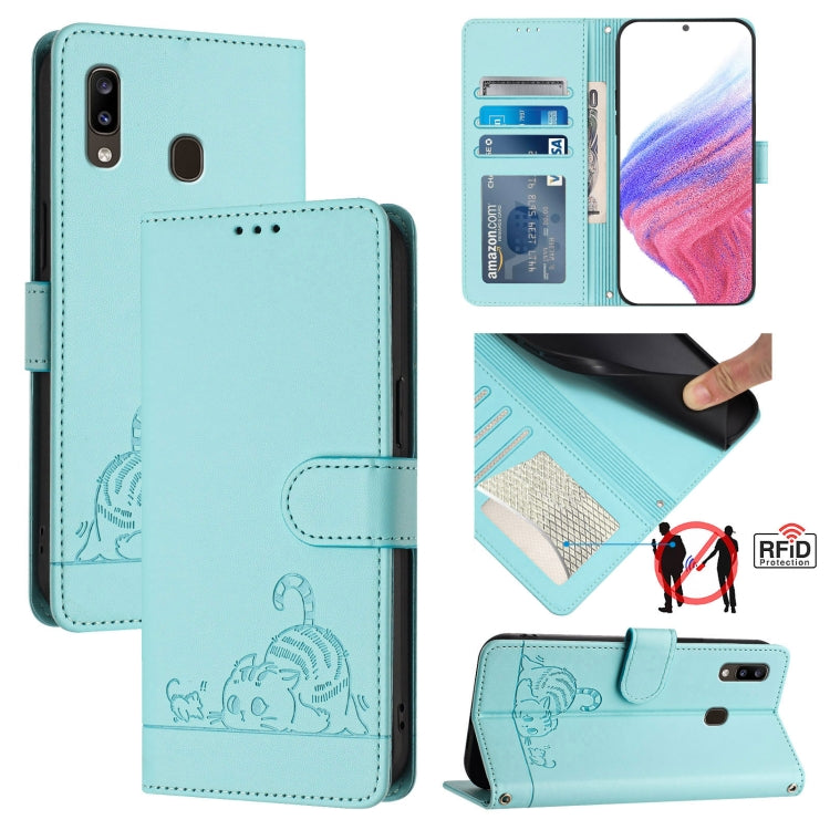 Custodia per telefono in pelle RFID con motivo gatto in rilievo con cordino, For Samsung Galaxy A20/A30/M10s, For Samsung Galaxy A50/A30s/A50s, For Samsung Galaxy A20s, For Samsung Galaxy A20e/A10e