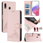 Custodia per telefono in pelle RFID con motivo gatto in rilievo con cordino, For Samsung Galaxy A20/A30/M10s, For Samsung Galaxy A50/A30s/A50s, For Samsung Galaxy A20s, For Samsung Galaxy A20e/A10e