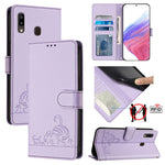 Custodia per telefono in pelle RFID con motivo gatto in rilievo con cordino, For Samsung Galaxy A20/A30/M10s, For Samsung Galaxy A50/A30s/A50s, For Samsung Galaxy A20s, For Samsung Galaxy A20e/A10e
