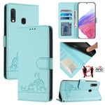 Custodia per telefono in pelle RFID con motivo gatto in rilievo con cordino, For Samsung Galaxy A20/A30/M10s, For Samsung Galaxy A50/A30s/A50s, For Samsung Galaxy A20s, For Samsung Galaxy A20e/A10e