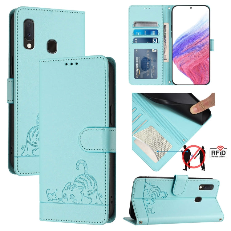 Custodia per telefono in pelle RFID con motivo gatto in rilievo con cordino, For Samsung Galaxy A20/A30/M10s, For Samsung Galaxy A50/A30s/A50s, For Samsung Galaxy A20s, For Samsung Galaxy A20e/A10e