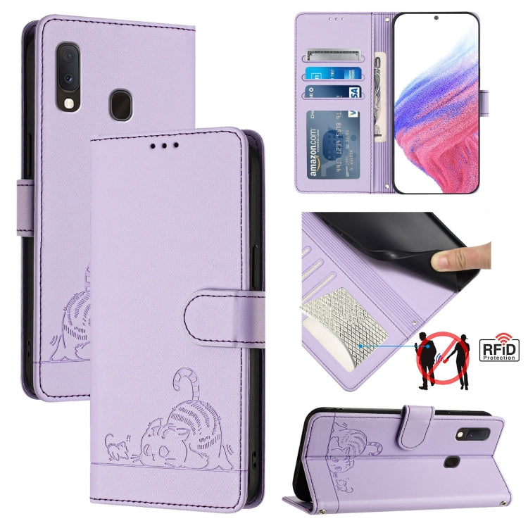 Custodia per telefono in pelle RFID con motivo gatto in rilievo con cordino, For Samsung Galaxy A20/A30/M10s, For Samsung Galaxy A50/A30s/A50s, For Samsung Galaxy A20s, For Samsung Galaxy A20e/A10e