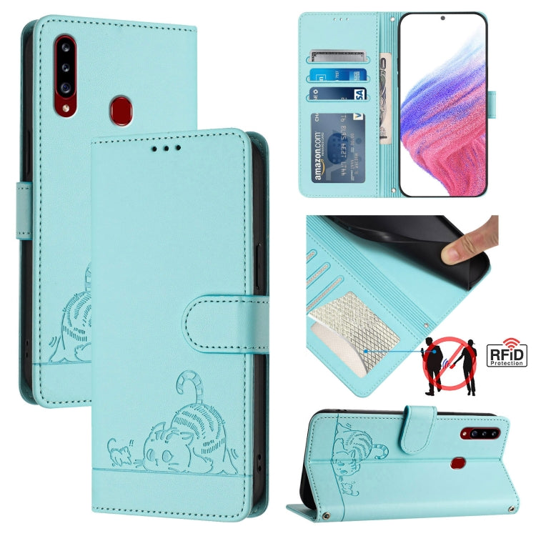 Custodia per telefono in pelle RFID con motivo gatto in rilievo con cordino, For Samsung Galaxy A20/A30/M10s, For Samsung Galaxy A50/A30s/A50s, For Samsung Galaxy A20s, For Samsung Galaxy A20e/A10e