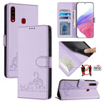 Custodia per telefono in pelle RFID con motivo gatto in rilievo con cordino, For Samsung Galaxy A20/A30/M10s, For Samsung Galaxy A50/A30s/A50s, For Samsung Galaxy A20s, For Samsung Galaxy A20e/A10e