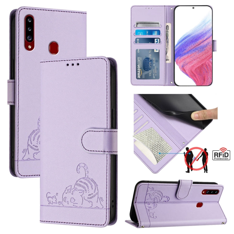 Custodia per telefono in pelle RFID con motivo gatto in rilievo con cordino, For Samsung Galaxy A20/A30/M10s, For Samsung Galaxy A50/A30s/A50s, For Samsung Galaxy A20s, For Samsung Galaxy A20e/A10e