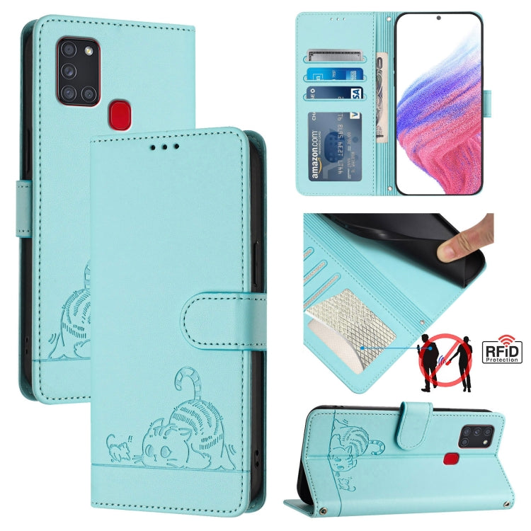 Custodia per telefono in pelle RFID con motivo gatto in rilievo con cordino, For Samsung Galaxy A21s, For Samsung Galaxy A51 5G, For Samsung Galaxy A71 5G, For Samsung Galaxy A31 EU Version