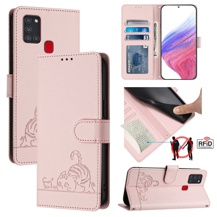 Custodia per telefono in pelle RFID con motivo gatto in rilievo con cordino, For Samsung Galaxy A21s, For Samsung Galaxy A51 5G, For Samsung Galaxy A71 5G, For Samsung Galaxy A31 EU Version