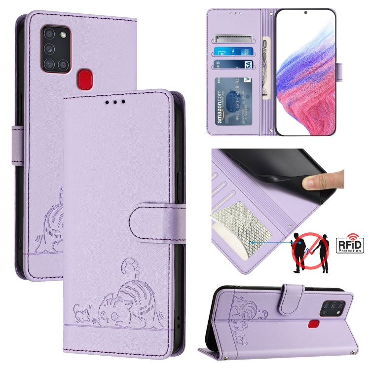 Custodia per telefono in pelle RFID con motivo gatto in rilievo con cordino, For Samsung Galaxy A21s, For Samsung Galaxy A51 5G, For Samsung Galaxy A71 5G, For Samsung Galaxy A31 EU Version