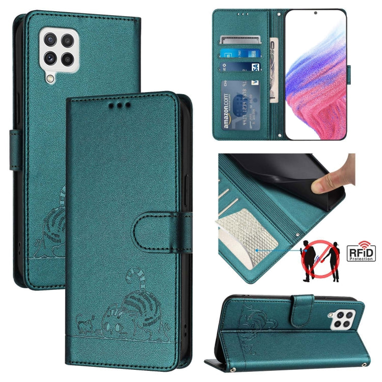 Custodia per telefono in pelle RFID con motivo gatto in rilievo con cordino, For Samsung Galaxy A03s 165.8mm US Version, For Samsung Galaxy A41 EU Version, For Samsung Galaxy A22 4G, For Samsung Galaxy A42 5G/M42