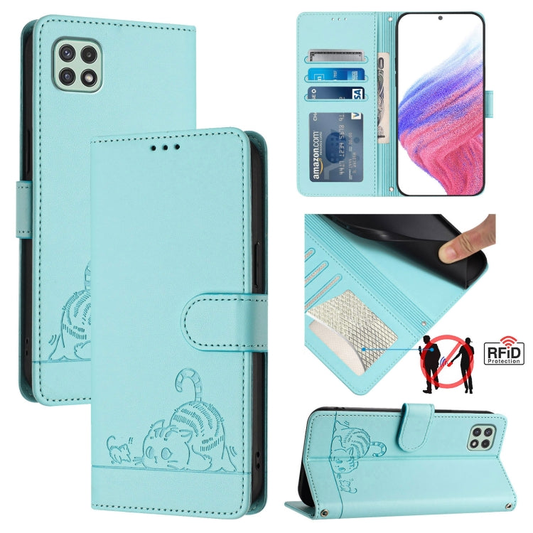 Custodia per telefono in pelle RFID con motivo gatto in rilievo con cordino, For Samsung Galaxy A13 5G/A13 4G/A04s, For Samsung Galaxy F23 5G/M13 4G, For Samsung Galaxy A22 5G/F42 5G, For Samsung Galaxy M53 5G
