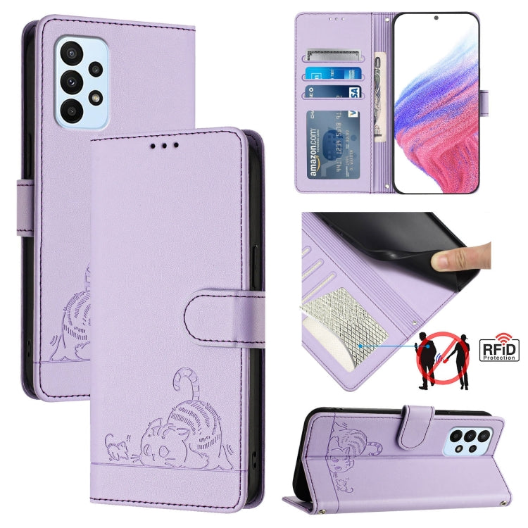 Custodia per telefono in pelle RFID con motivo gatto in rilievo con cordino, For Samsung Galaxy A13 5G/A13 4G/A04s, For Samsung Galaxy F23 5G/M13 4G, For Samsung Galaxy A22 5G/F42 5G, For Samsung Galaxy M53 5G