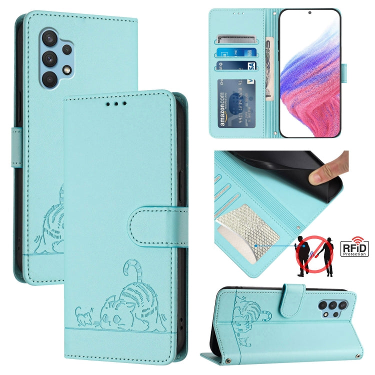 Custodia per telefono in pelle RFID con motivo gatto in rilievo con cordino, For Samsung Galaxy M62, For Samsung Galaxy A32 4G, For Samsung Galaxy A02/M02, For Samsung Galaxy A72 4G