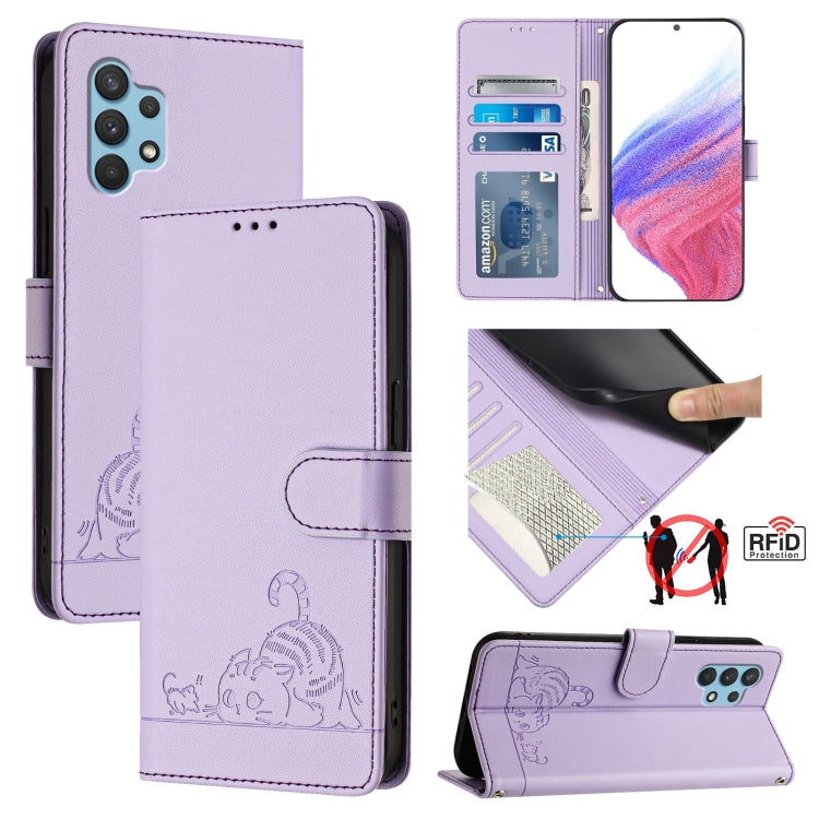 Custodia per telefono in pelle RFID con motivo gatto in rilievo con cordino, For Samsung Galaxy M62, For Samsung Galaxy A32 4G, For Samsung Galaxy A02/M02, For Samsung Galaxy A72 4G