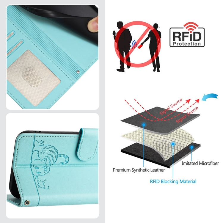 Custodia per telefono in pelle RFID con motivo gatto in rilievo con cordino, For Samsung Galaxy A32 5G/M32 5G, For Samsung Galaxy A52 4G/5G/A52s 5G, For Samsung Galaxy A03s 164mm, For Samsung Galaxy A03s 166mm