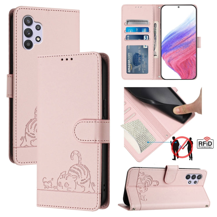 Custodia per telefono in pelle RFID con motivo gatto in rilievo con cordino, For Samsung Galaxy A32 5G/M32 5G, For Samsung Galaxy A52 4G/5G/A52s 5G, For Samsung Galaxy A03s 164mm, For Samsung Galaxy A03s 166mm