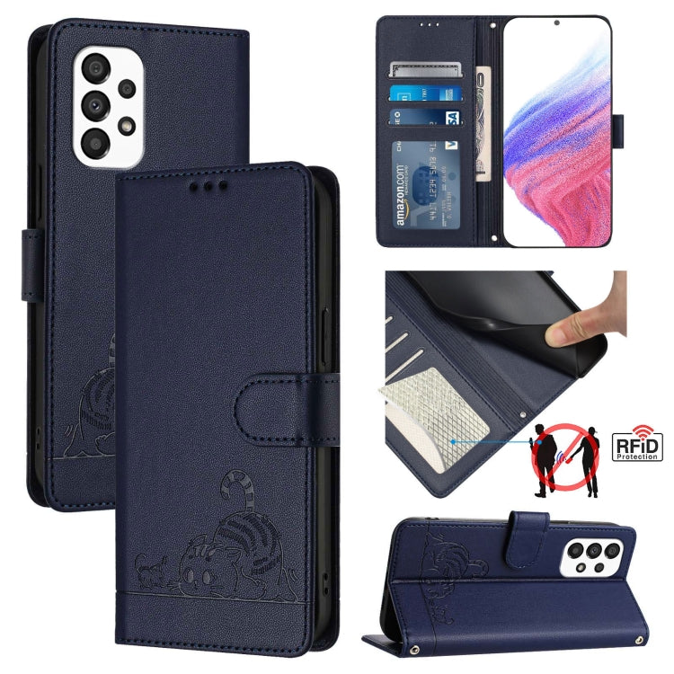 Custodia per telefono in pelle RFID con motivo gatto in rilievo con cordino, For Samsung Galaxy M33 5G Global, For Samsung Galaxy A53 5G, For Samsung Galaxy A73 5G, For Samsung Galaxy A33 5G