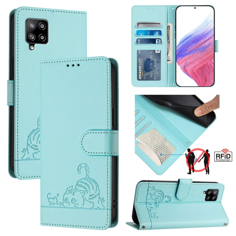 Custodia per telefono in pelle RFID con motivo gatto in rilievo con cordino, For Samsung Galaxy A03s 165.8mm US Version, For Samsung Galaxy A41 EU Version, For Samsung Galaxy A22 4G, For Samsung Galaxy A42 5G/M42