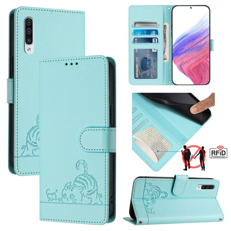Custodia per telefono in pelle RFID con motivo gatto in rilievo con cordino, For Samsung Galaxy A20/A30/M10s, For Samsung Galaxy A50/A30s/A50s, For Samsung Galaxy A20s, For Samsung Galaxy A20e/A10e