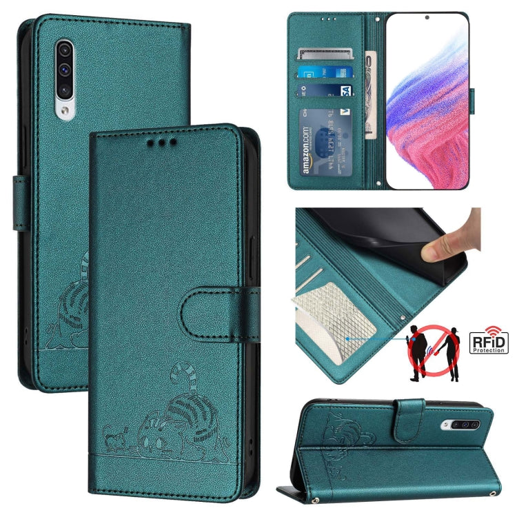 Custodia per telefono in pelle RFID con motivo gatto in rilievo con cordino, For Samsung Galaxy A20/A30/M10s, For Samsung Galaxy A50/A30s/A50s, For Samsung Galaxy A20s, For Samsung Galaxy A20e/A10e