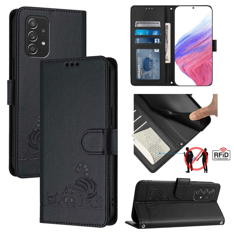 Custodia per telefono in pelle RFID con motivo gatto in rilievo con cordino, For Samsung Galaxy A32 5G/M32 5G, For Samsung Galaxy A52 4G/5G/A52s 5G, For Samsung Galaxy A03s 164mm, For Samsung Galaxy A03s 166mm