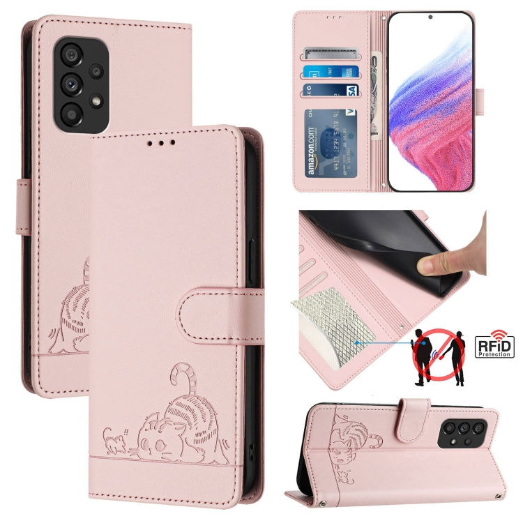 Custodia per telefono in pelle RFID con motivo gatto in rilievo con cordino, For Samsung Galaxy M33 5G Global, For Samsung Galaxy A53 5G, For Samsung Galaxy A73 5G, For Samsung Galaxy A33 5G