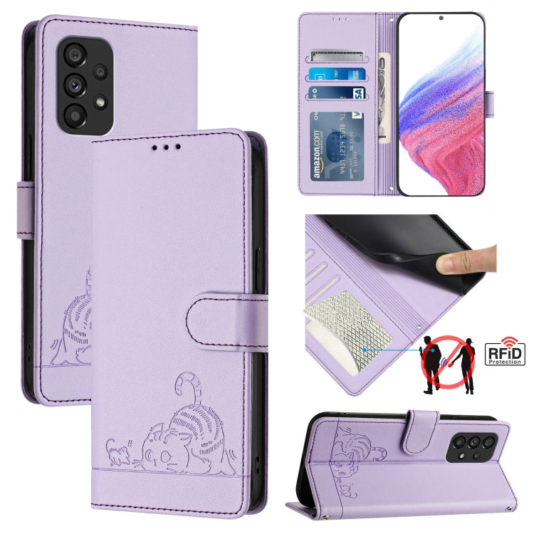 Custodia per telefono in pelle RFID con motivo gatto in rilievo con cordino, For Samsung Galaxy M33 5G Global, For Samsung Galaxy A53 5G, For Samsung Galaxy A73 5G, For Samsung Galaxy A33 5G