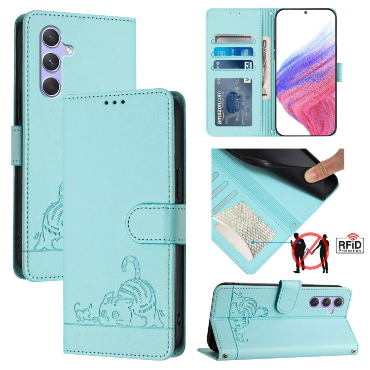 Custodia per telefono in pelle RFID con motivo gatto in rilievo con cordino, For Samsung Galaxy A14 5G/4G, For Samsung Galaxy A34 5G, For Samsung Galaxy A54 5G, For Samsung Galaxy A04 4G/M13 5G