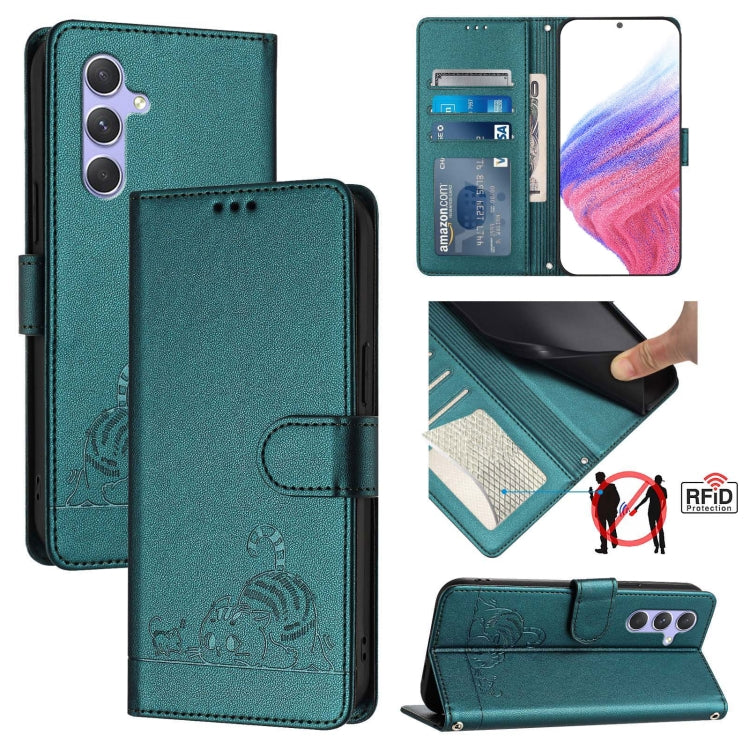 Custodia per telefono in pelle RFID con motivo gatto in rilievo con cordino, For Samsung Galaxy A14 5G/4G, For Samsung Galaxy A34 5G, For Samsung Galaxy A54 5G, For Samsung Galaxy A04 4G/M13 5G