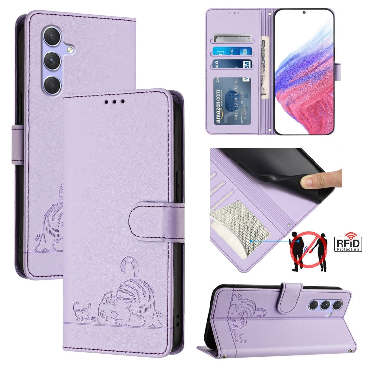 Custodia per telefono in pelle RFID con motivo gatto in rilievo con cordino, For Samsung Galaxy A14 5G/4G, For Samsung Galaxy A34 5G, For Samsung Galaxy A54 5G, For Samsung Galaxy A04 4G/M13 5G