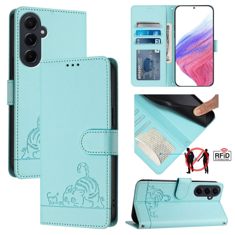 Custodia pelle RFID con motivo gatto per Samsung Galaxy A55 5G