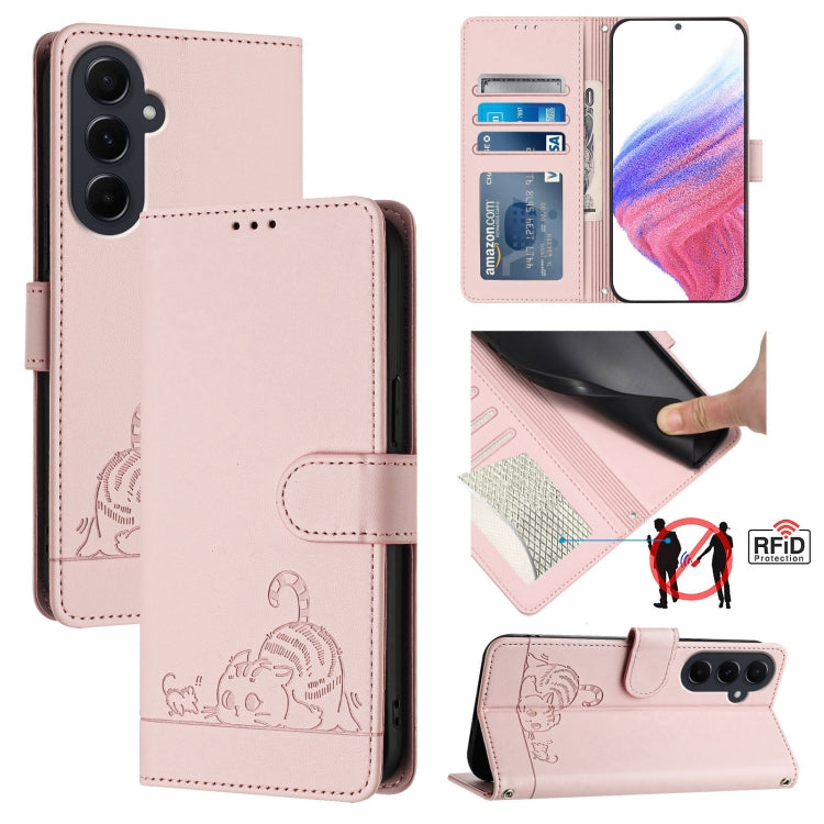 Custodia pelle RFID con motivo gatto per Samsung Galaxy A55 5G