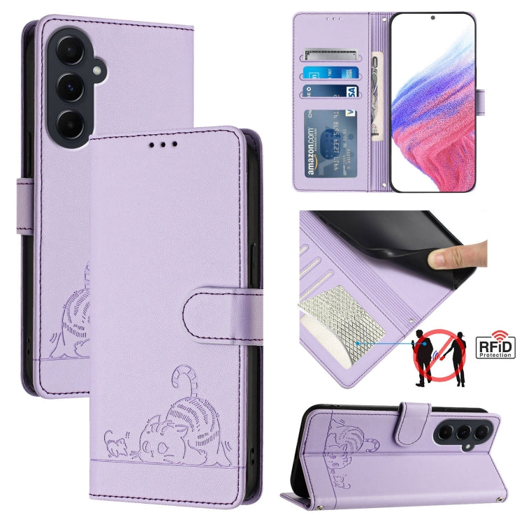 Custodia pelle RFID con motivo gatto per Samsung Galaxy A55 5G