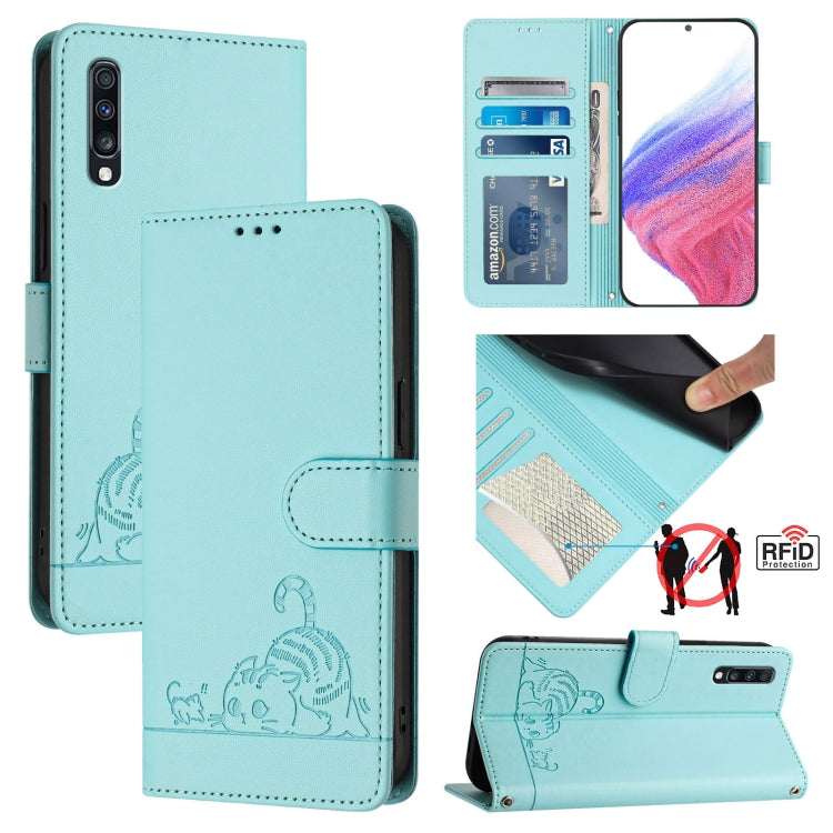 Custodia per telefono in pelle RFID con motivo gatto in rilievo con cordino, For Samsung Galaxy A81/Note10 Lite/M60s, For Samsung Galaxy A71 4G, For Samsung Galaxy A51 4G/M40s, For Samsung Galaxy A70/A70s