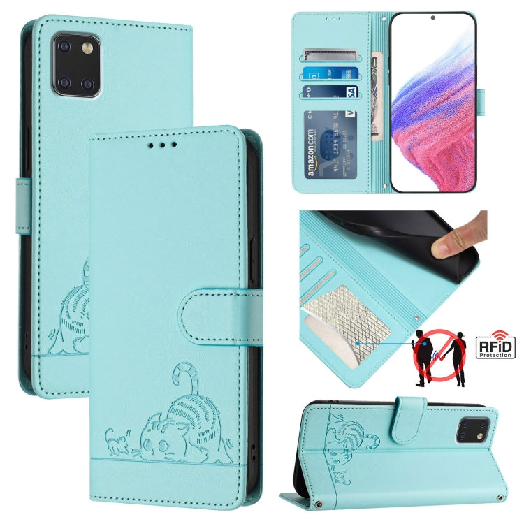 Custodia per telefono in pelle RFID con motivo gatto in rilievo con cordino, For Samsung Galaxy A81/Note10 Lite/M60s, For Samsung Galaxy A71 4G, For Samsung Galaxy A51 4G/M40s, For Samsung Galaxy A70/A70s