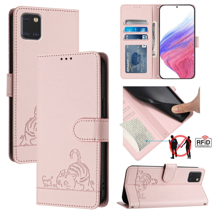 Custodia per telefono in pelle RFID con motivo gatto in rilievo con cordino, For Samsung Galaxy A81/Note10 Lite/M60s, For Samsung Galaxy A71 4G, For Samsung Galaxy A51 4G/M40s, For Samsung Galaxy A70/A70s