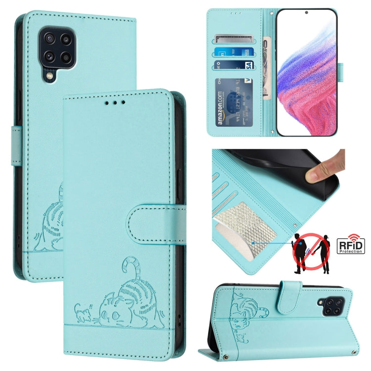 Custodia per telefono in pelle RFID con motivo gatto in rilievo con cordino, For Samsung Galaxy A03 164mm, For Samsung Galaxy A03 166mm, For Samsung Galaxy M52 5G, For Samsung Galaxy M32 4G Global/M22
