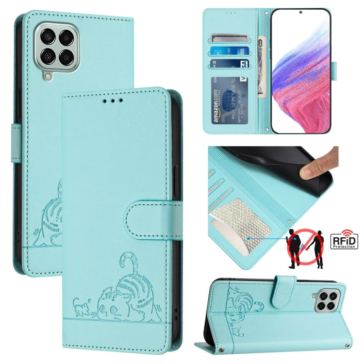 Custodia per telefono in pelle RFID con motivo gatto in rilievo con cordino, For Samsung Galaxy M33 5G Global, For Samsung Galaxy A53 5G, For Samsung Galaxy A73 5G, For Samsung Galaxy A33 5G