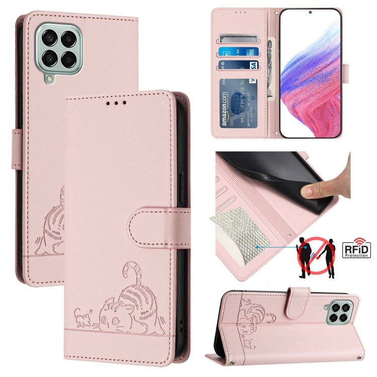 Custodia per telefono in pelle RFID con motivo gatto in rilievo con cordino, For Samsung Galaxy M33 5G Global, For Samsung Galaxy A53 5G, For Samsung Galaxy A73 5G, For Samsung Galaxy A33 5G