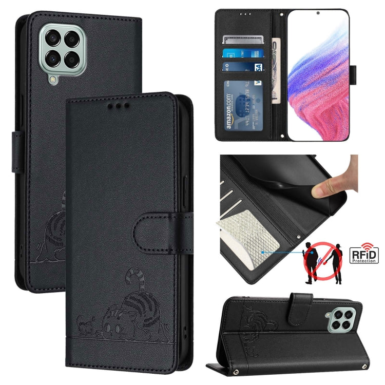 Custodia per telefono in pelle RFID con motivo gatto in rilievo con cordino, For Samsung Galaxy M33 5G Global, For Samsung Galaxy A53 5G, For Samsung Galaxy A73 5G, For Samsung Galaxy A33 5G
