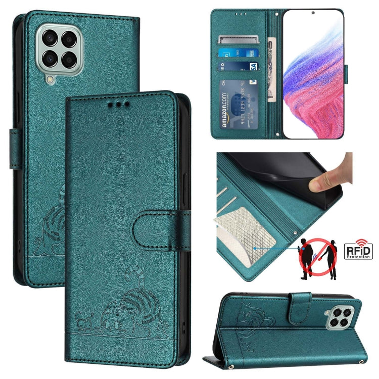 Custodia per telefono in pelle RFID con motivo gatto in rilievo con cordino, For Samsung Galaxy M33 5G Global, For Samsung Galaxy A53 5G, For Samsung Galaxy A73 5G, For Samsung Galaxy A33 5G
