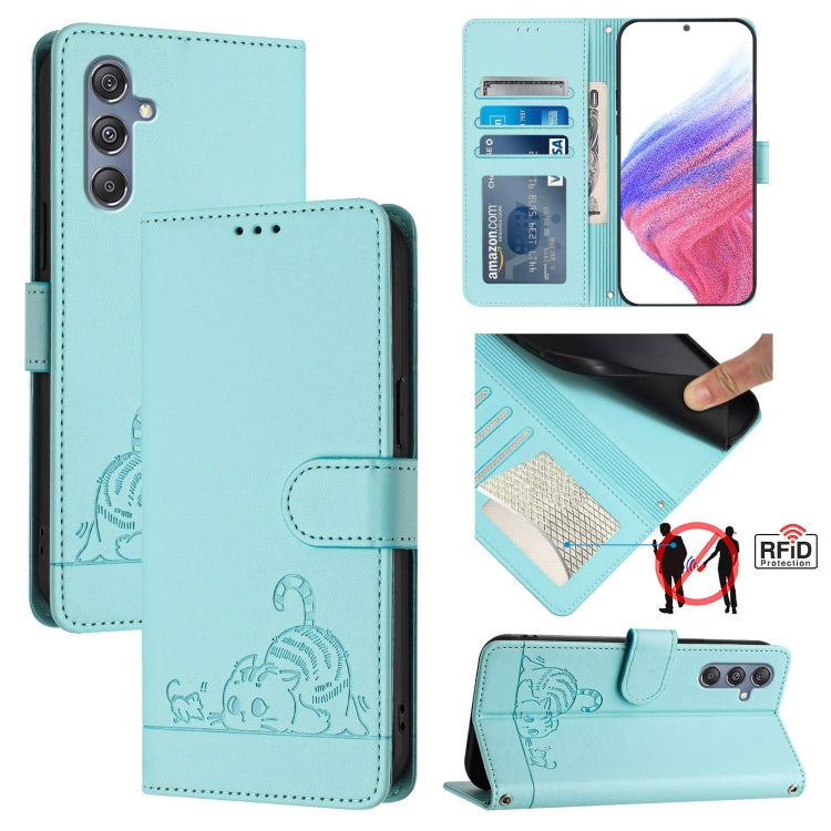 Custodia per telefono in pelle RFID con motivo gatto in rilievo con cordino, For Samsung Galaxy M34 5G/F34 5G, For Samsung Galaxy A25 5G Global, For Samsung Galaxy M54 5G Global/F54 5G, For Samsung Galaxy M14 5G Global